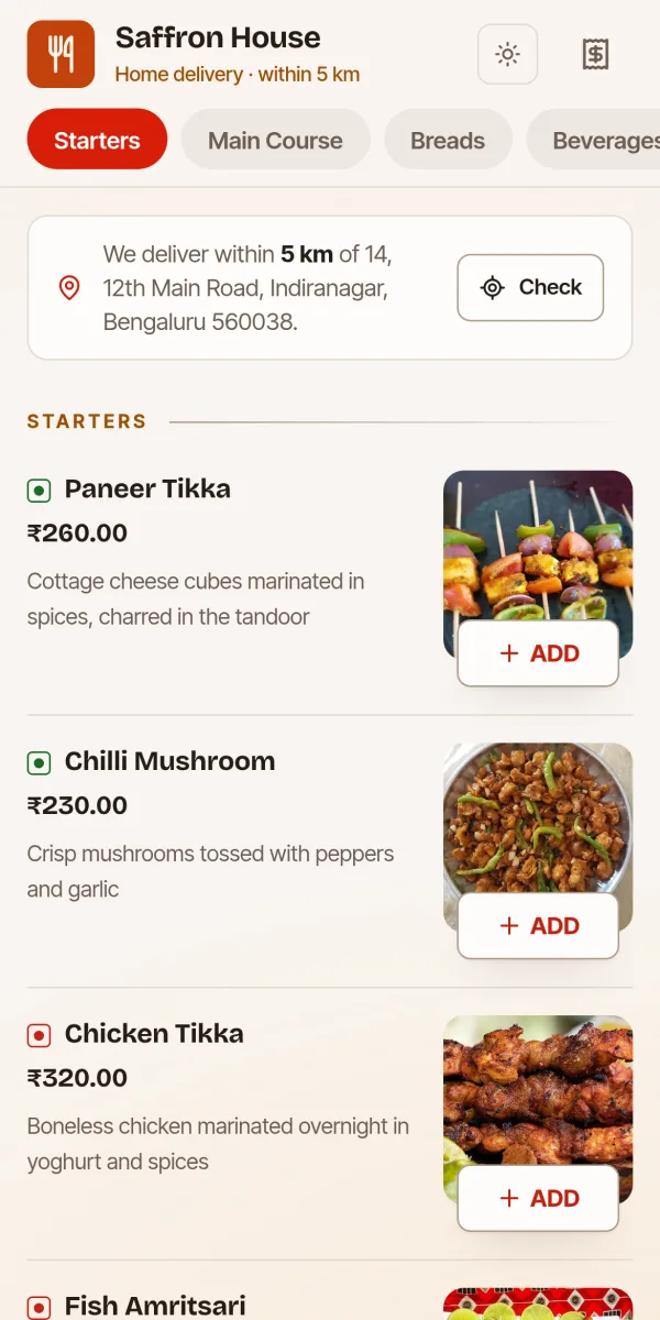 A guest’s phone showing the menu with photos, prices and Add buttons