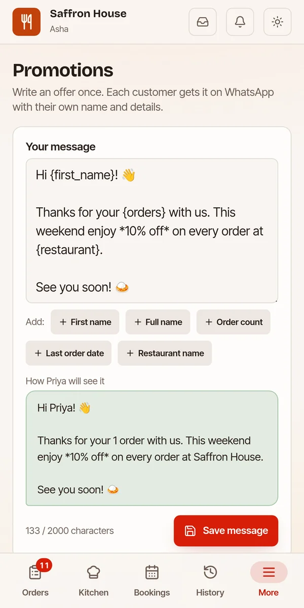 The Promotions screen on the owner’s phone, with an offer written for past guests