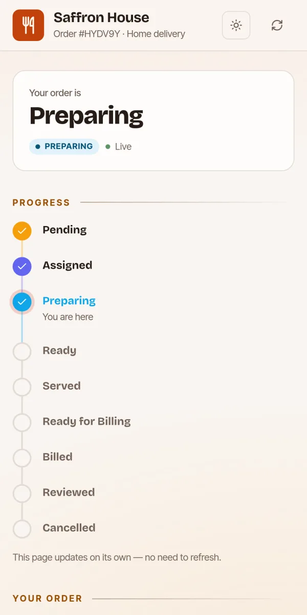 A guest’s phone following their delivery order, now at Preparing